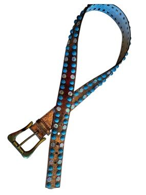 Guess studded Leather Belt Women's L, Brass Buckle Turquoise / Crystal studs euc